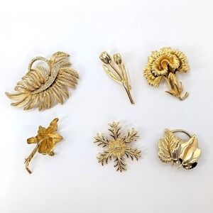 VTG Gold Tone Brooch Scarf Clip Lot 6 pc Botanical Garden Party
